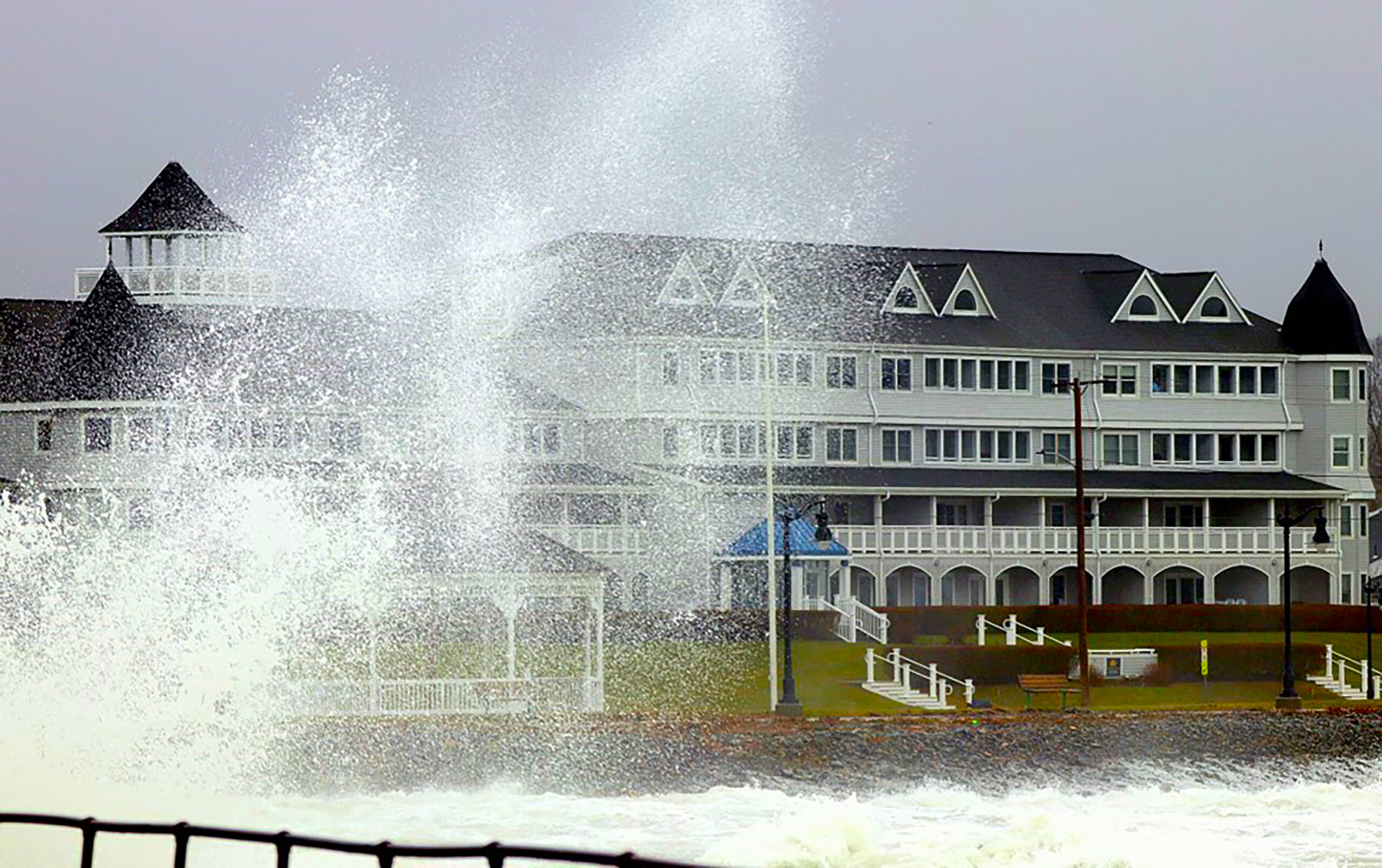 Extreme wind and waves splashing on Ocean Ave Extension during "bomb cyclone" on December 22, 2022, captured by Carol Dillon